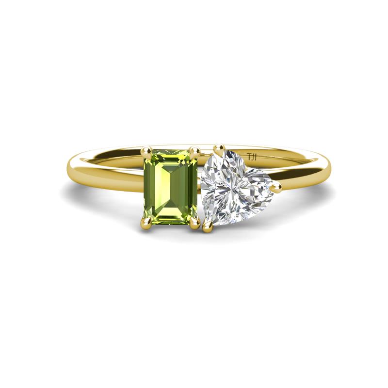 Esther Emerald Shape Peridot & Heart Shape Forever Brilliant Moissanite 2 Stone Duo Ring 