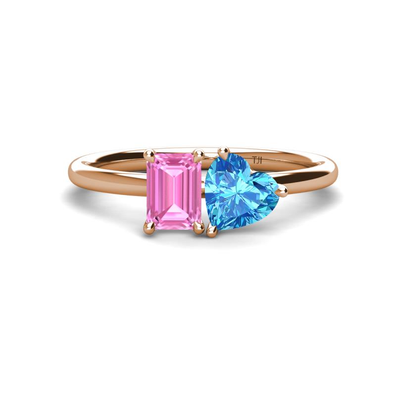 Esther Emerald Shape Pink Sapphire & Heart Shape Blue Topaz 2 Stone Duo Ring 