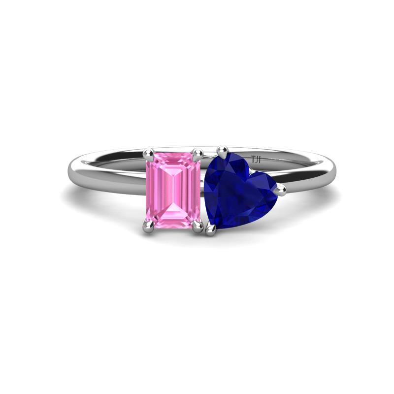 Esther Emerald Shape Pink Sapphire & Heart Shape Lab Created Blue Sapphire 2 Stone Duo Ring 