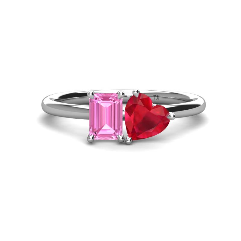 Esther Emerald Shape Pink Sapphire & Heart Shape Lab Created Ruby 2 Stone Duo Ring 