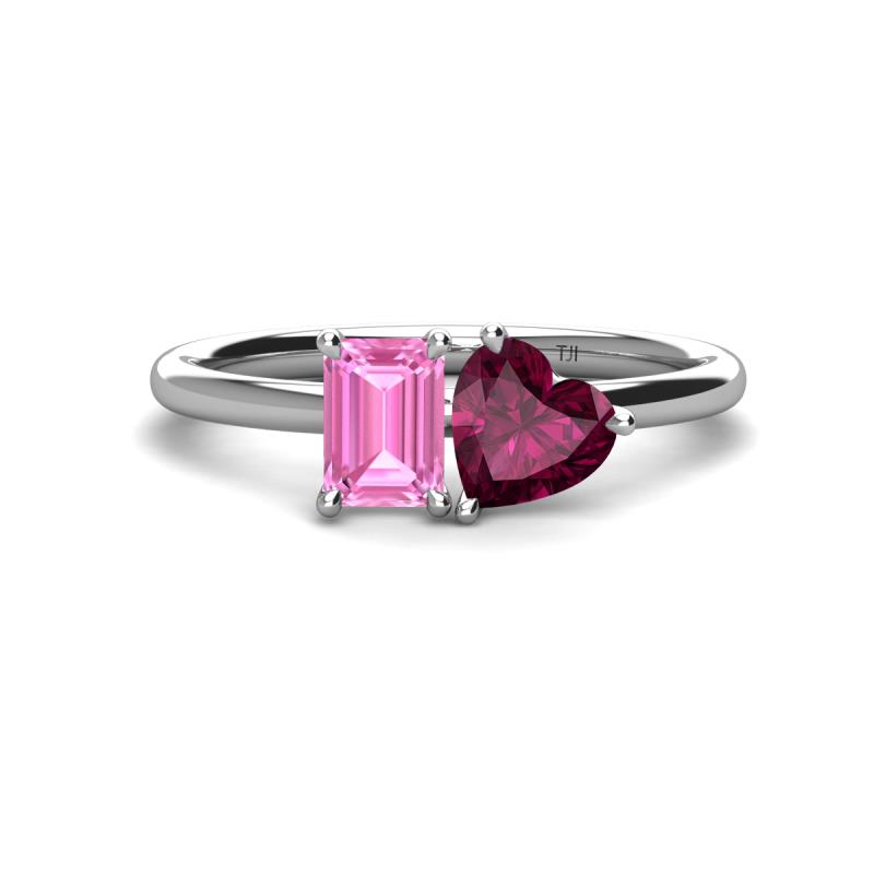 Esther Emerald Shape Pink Sapphire & Heart Shape Rhodolite Garnet 2 Stone Duo Ring 