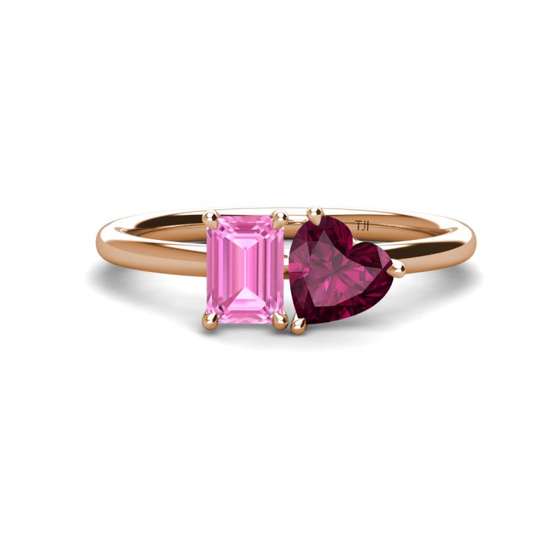 Esther Emerald Shape Pink Sapphire & Heart Shape Rhodolite Garnet 2 Stone Duo Ring 