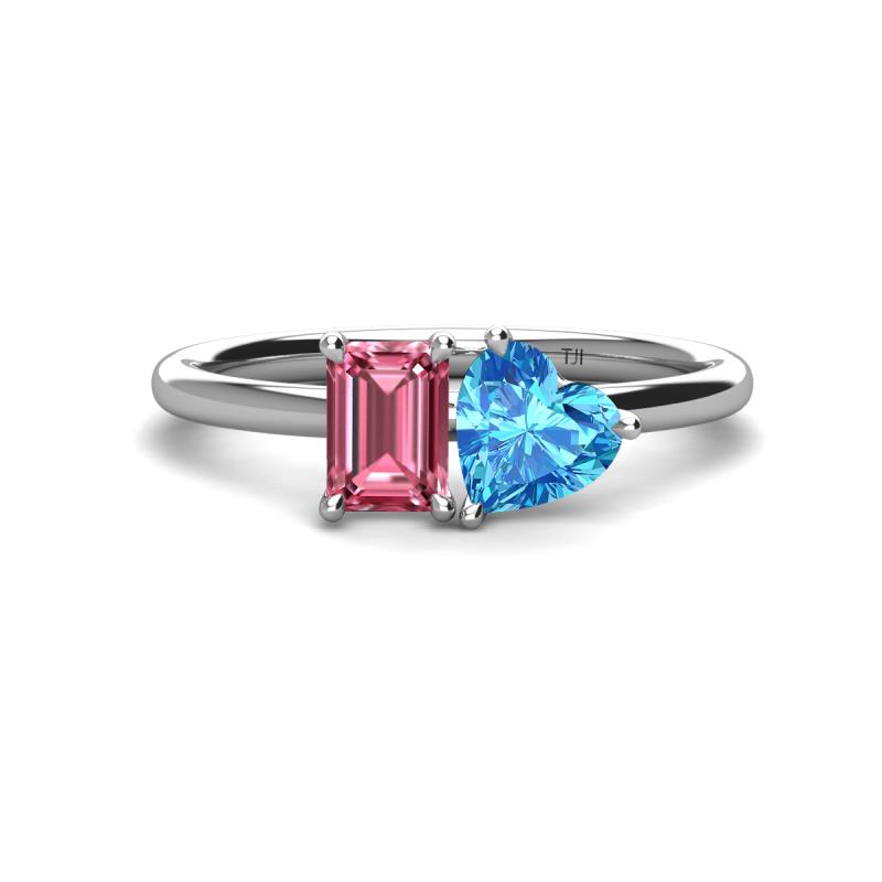 Esther Emerald Shape Pink Tourmaline & Heart Shape Blue Topaz 2 Stone Duo Ring 