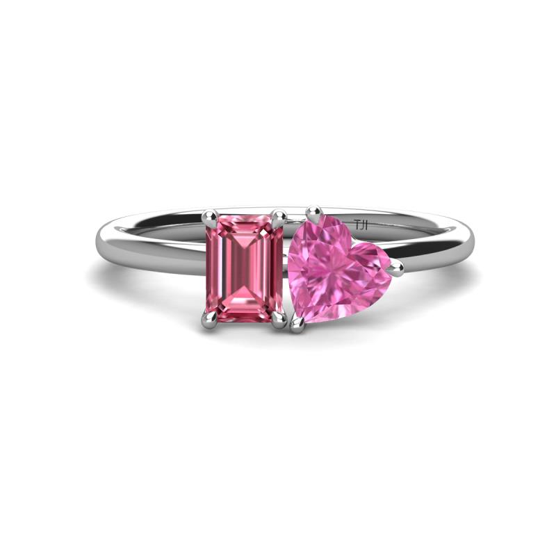 Esther Emerald Shape Pink Tourmaline & Heart Shape Pink Sapphire 2 Stone Duo Ring 
