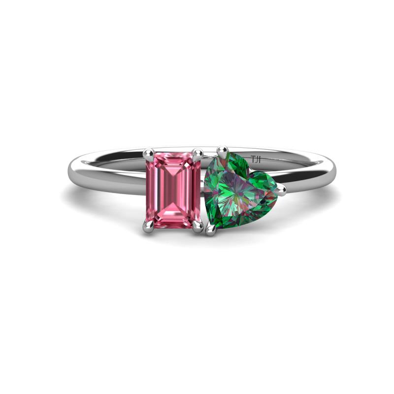 Esther Emerald Shape Pink Tourmaline & Heart Shape Lab Created Alexandrite 2 Stone Duo Ring 