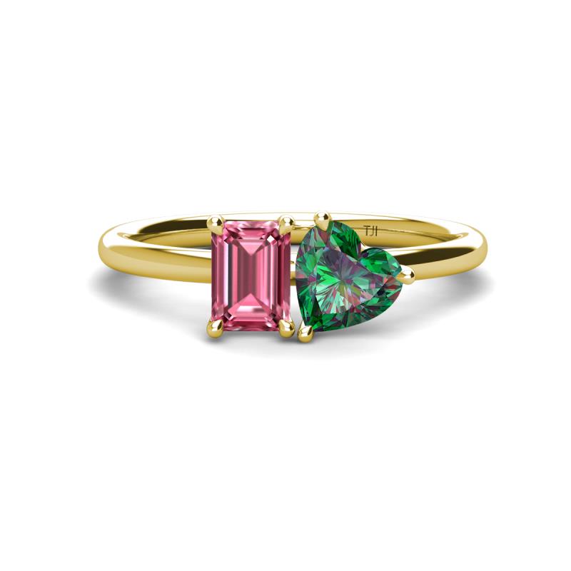 Esther Emerald Shape Pink Tourmaline & Heart Shape Lab Created Alexandrite 2 Stone Duo Ring 