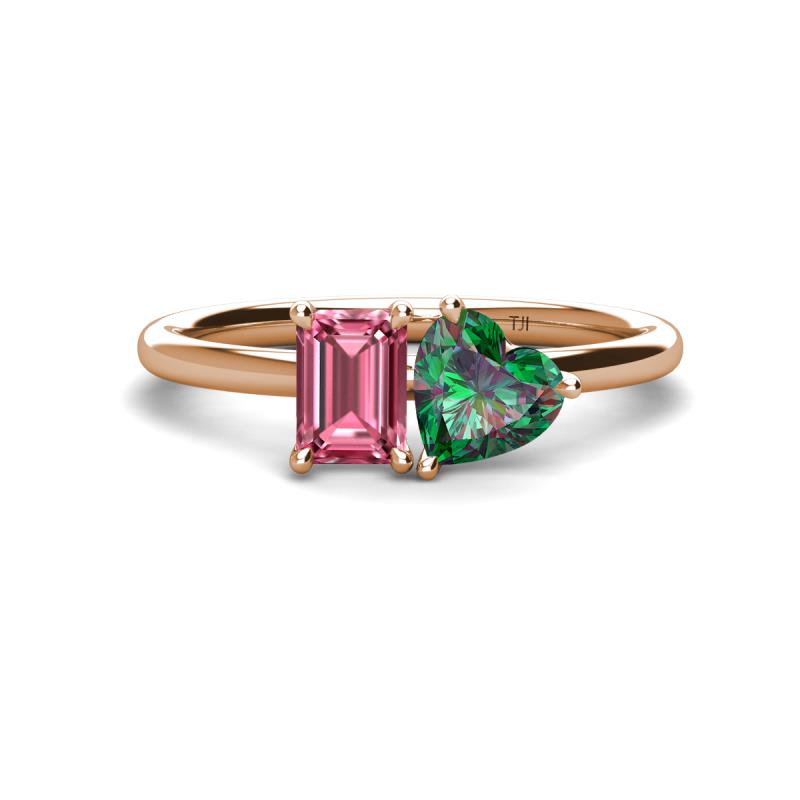 Esther Emerald Shape Pink Tourmaline & Heart Shape Lab Created Alexandrite 2 Stone Duo Ring 