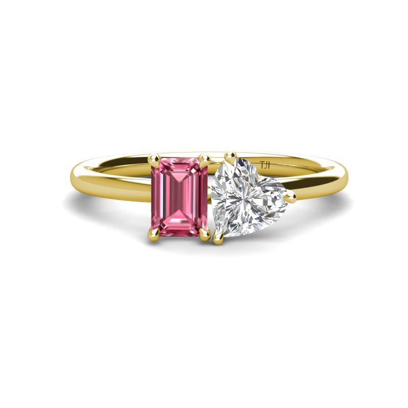 Esther IGI Certified Heart Shape Lab Grown Diamond & Emerald Shape Pink Tourmaline 2 Stone Duo Ring 