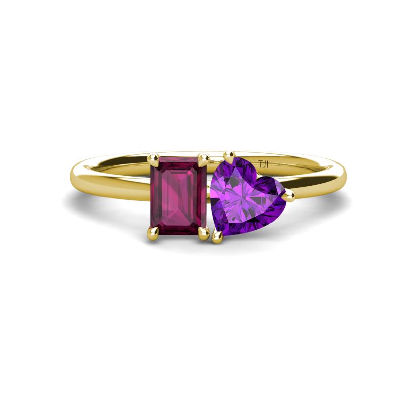 Esther Emerald Shape Rhodolite Garnet & Heart Shape Amethyst 2 Stone Duo Ring 