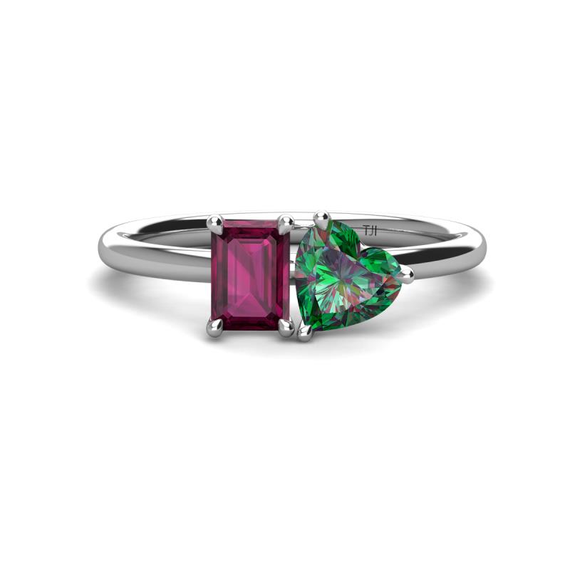 Esther Emerald Shape Rhodolite Garnet & Heart Shape Lab Created Alexandrite 2 Stone Duo Ring 