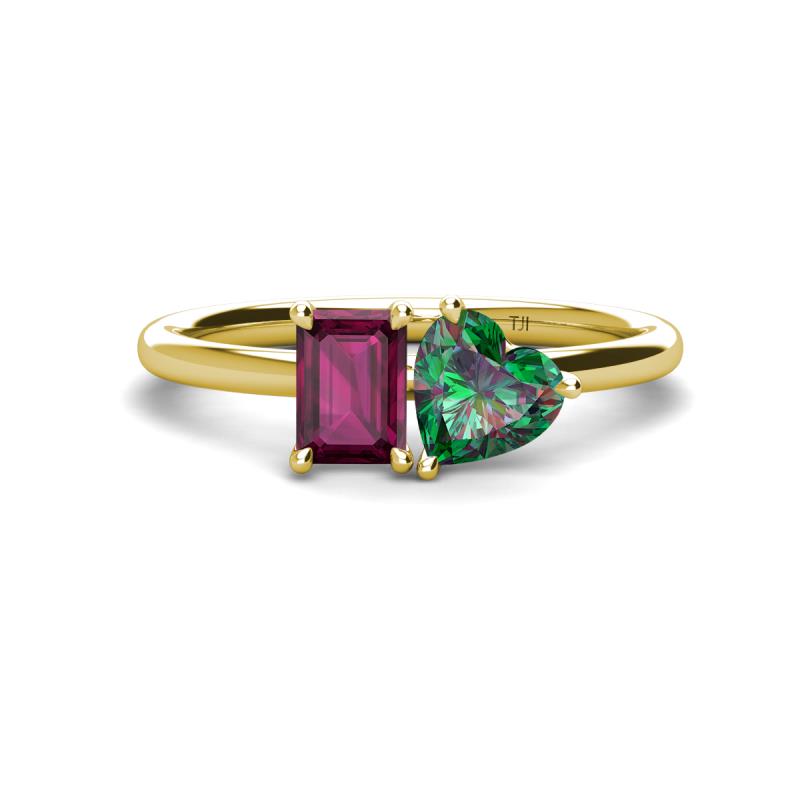 Esther Emerald Shape Rhodolite Garnet & Heart Shape Lab Created Alexandrite 2 Stone Duo Ring 