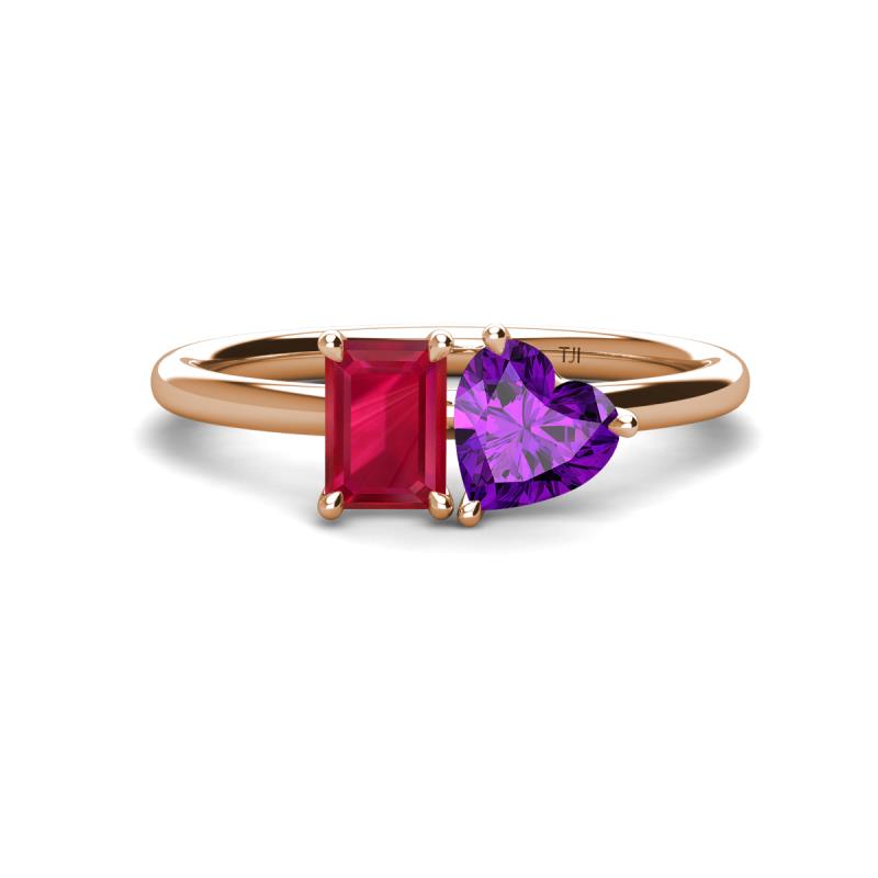 Esther Emerald Shape Lab Created Ruby & Heart Shape Amethyst 2 Stone Duo Ring 