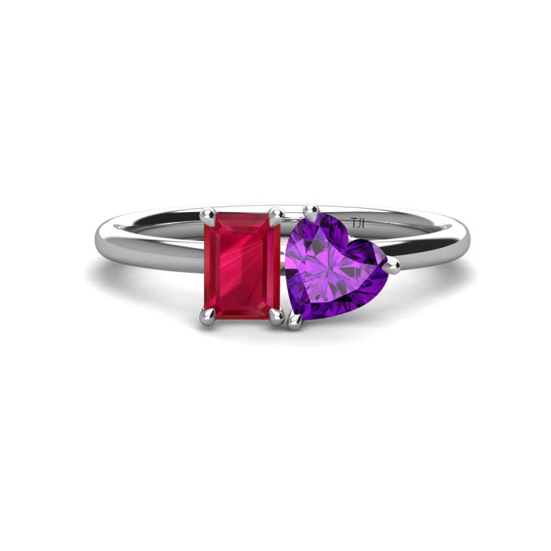 Esther Emerald Shape Lab Created Ruby & Heart Shape Amethyst 2 Stone Duo Ring 
