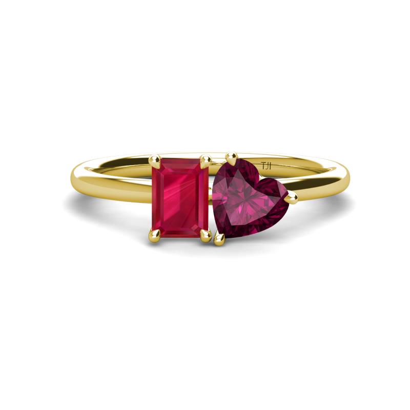 Esther Emerald Shape Lab Created Ruby & Heart Shape Rhodolite Garnet 2 Stone Duo Ring 