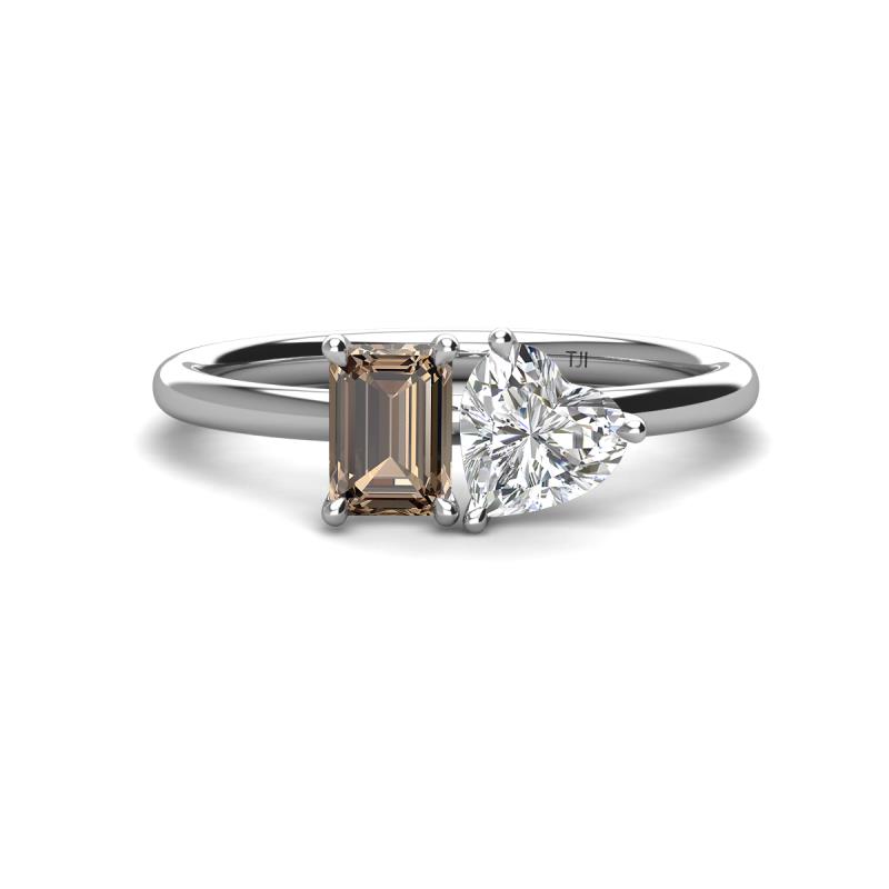 Esther Emerald Shape Smoky Quartz & Heart Shape Forever Brilliant Moissanite 2 Stone Duo Ring 