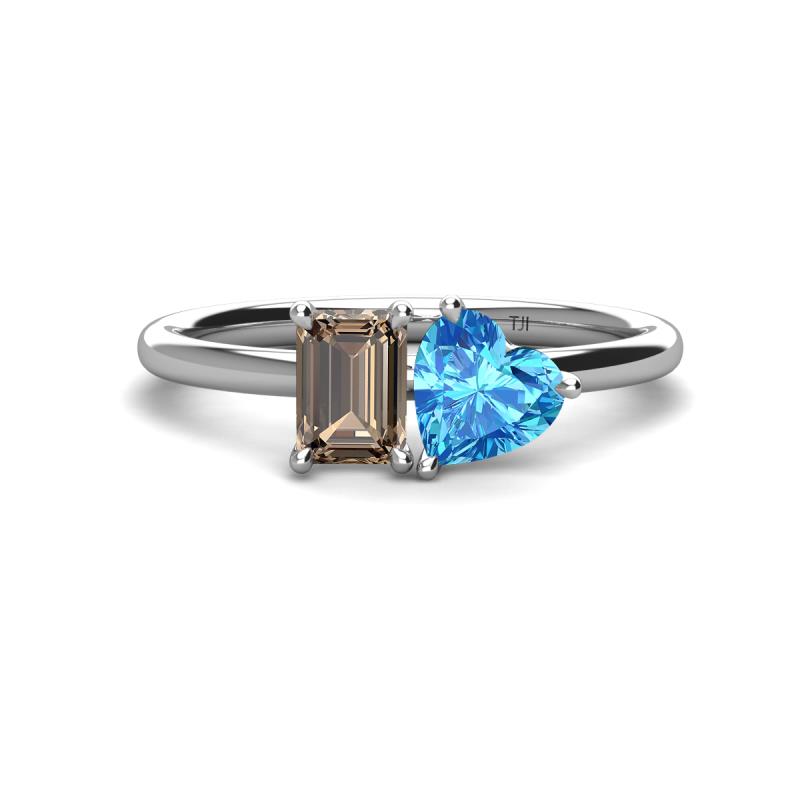 Esther Emerald Shape Smoky Quartz & Heart Shape Blue Topaz 2 Stone Duo Ring 