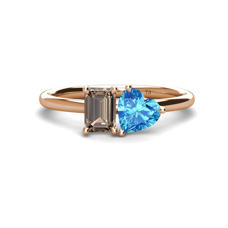 Esther Emerald Shape Smoky Quartz & Heart Shape Blue Topaz 2 Stone Duo Ring 