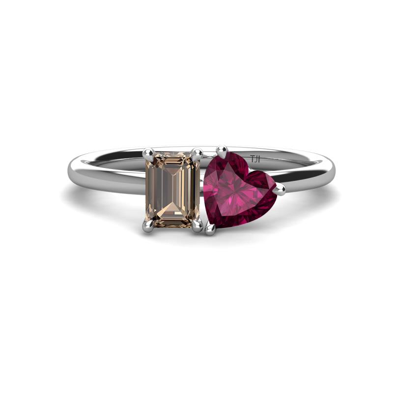 Esther Emerald Shape Smoky Quartz & Heart Shape Rhodolite Garnet 2 Stone Duo Ring 