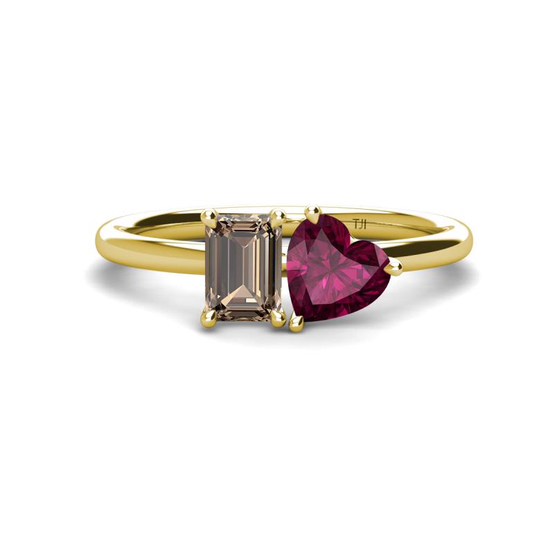 Esther Emerald Shape Smoky Quartz & Heart Shape Rhodolite Garnet 2 Stone Duo Ring 