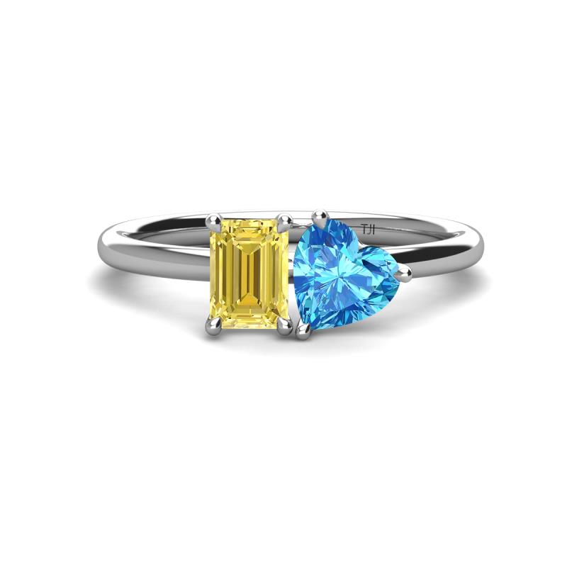 Esther Emerald Shape Lab Created Yellow Sapphire & Heart Shape Blue Topaz 2 Stone Duo Ring 