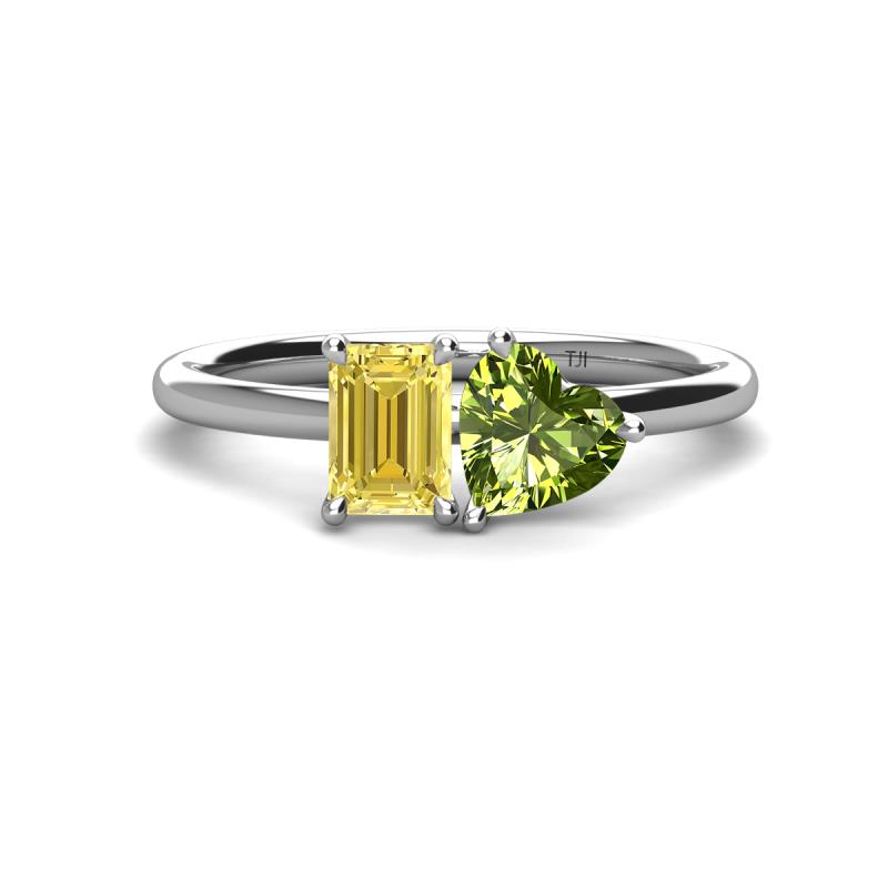 Esther Emerald Shape Lab Created Yellow Sapphire & Heart Shape Peridot 2 Stone Duo Ring 