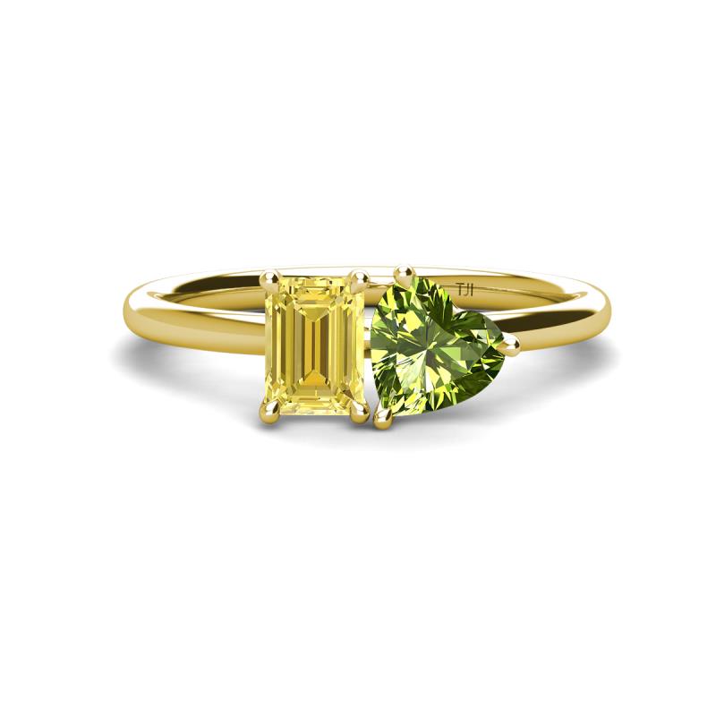 Esther Emerald Shape Lab Created Yellow Sapphire & Heart Shape Peridot 2 Stone Duo Ring 