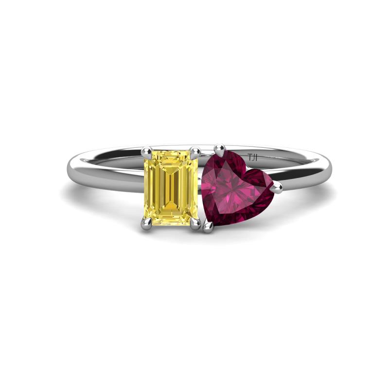 Esther Emerald Shape Lab Created Yellow Sapphire & Heart Shape Rhodolite Garnet 2 Stone Duo Ring 