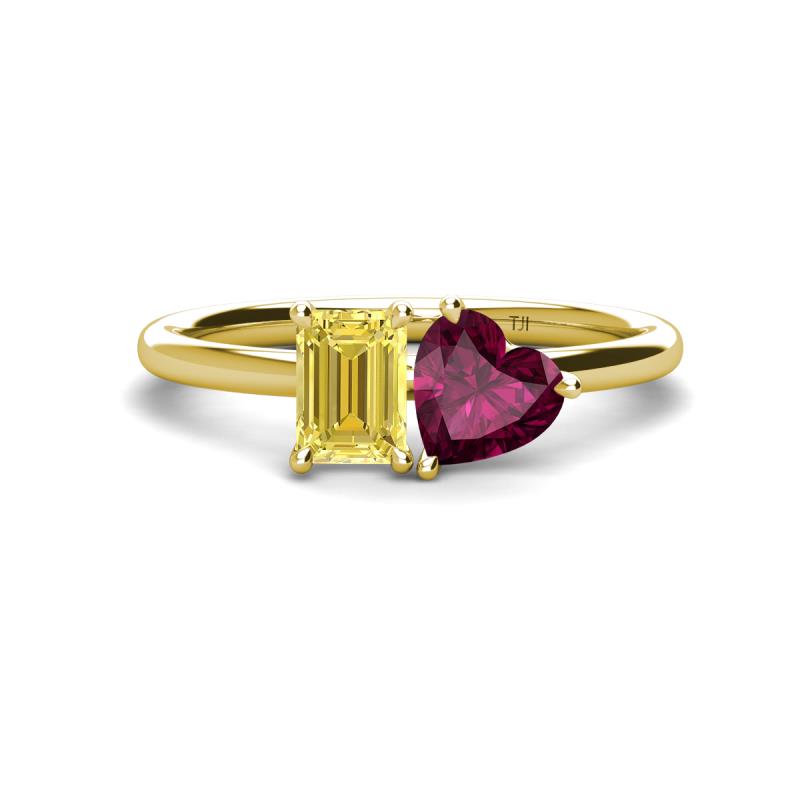 Esther Emerald Shape Lab Created Yellow Sapphire & Heart Shape Rhodolite Garnet 2 Stone Duo Ring 