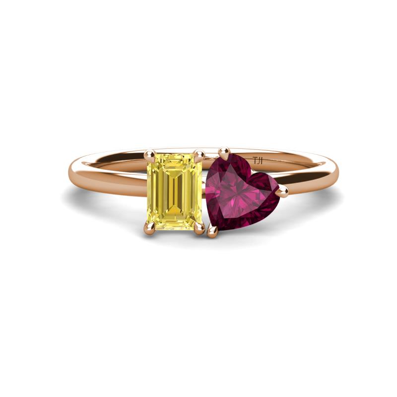 Esther Emerald Shape Lab Created Yellow Sapphire & Heart Shape Rhodolite Garnet 2 Stone Duo Ring 
