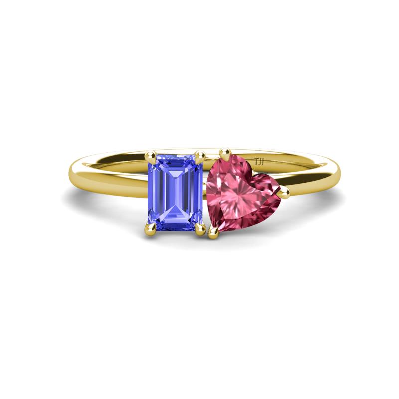 Esther Emerald Shape Tanzanite & Heart Shape Pink Tourmaline 2 Stone Duo Ring 