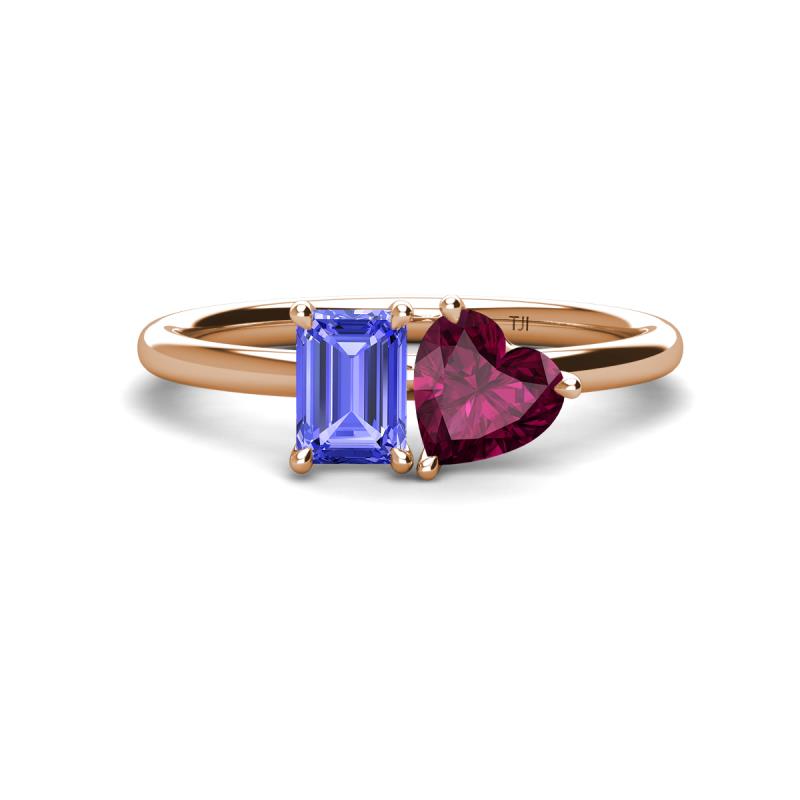 Esther Emerald Shape Tanzanite & Heart Shape Rhodolite Garnet 2 Stone Duo Ring 