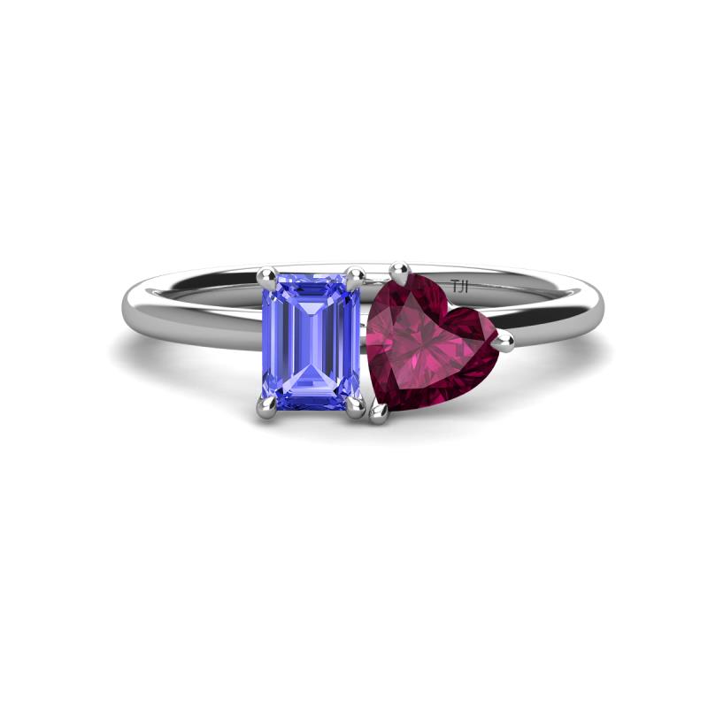 Esther Emerald Shape Tanzanite & Heart Shape Rhodolite Garnet 2 Stone Duo Ring 