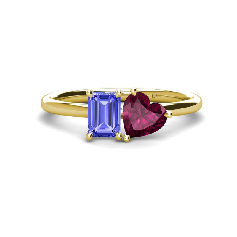 Esther Emerald Shape Tanzanite & Heart Shape Rhodolite Garnet 2 Stone Duo Ring 