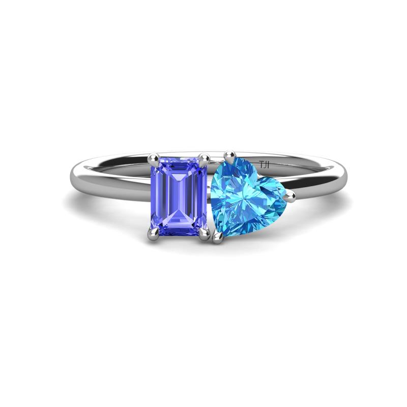 Esther Emerald Shape Tanzanite & Heart Shape Blue Topaz 2 Stone Duo Ring 