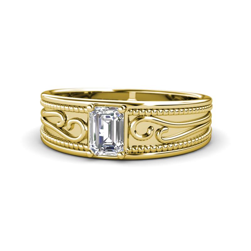 Aileen Bold 7x5 mm Emerald Shape Forever Brilliant Moissanite Solitaire Wide Band Promise Ring 