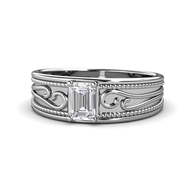 Aileen Bold 7x5 mm Emerald Shape White Sapphire Solitaire Wide Band Promise Ring 