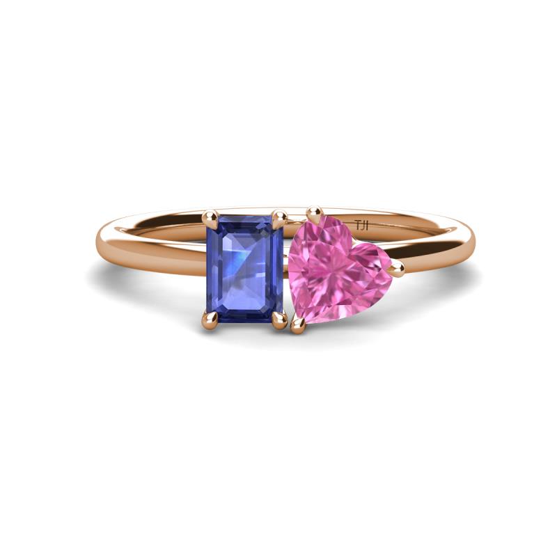 Esther Emerald Shape Iolite & Heart Shape Lab Created Pink Sapphire 2 Stone Duo Ring 