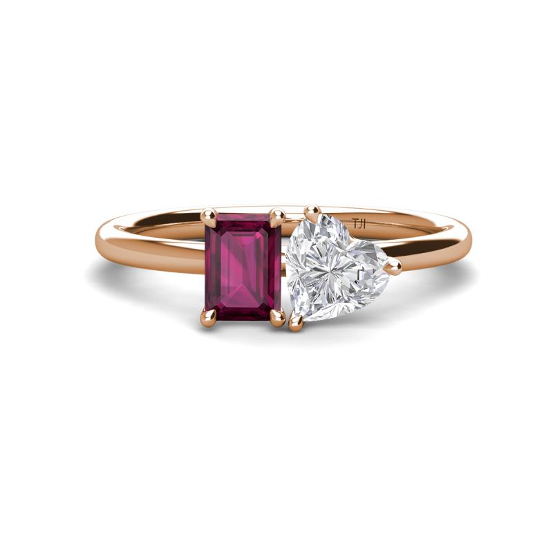Esther Emerald Shape Rhodolite Garnet & Heart Shape Lab Created White Sapphire 2 Stone Duo Ring 