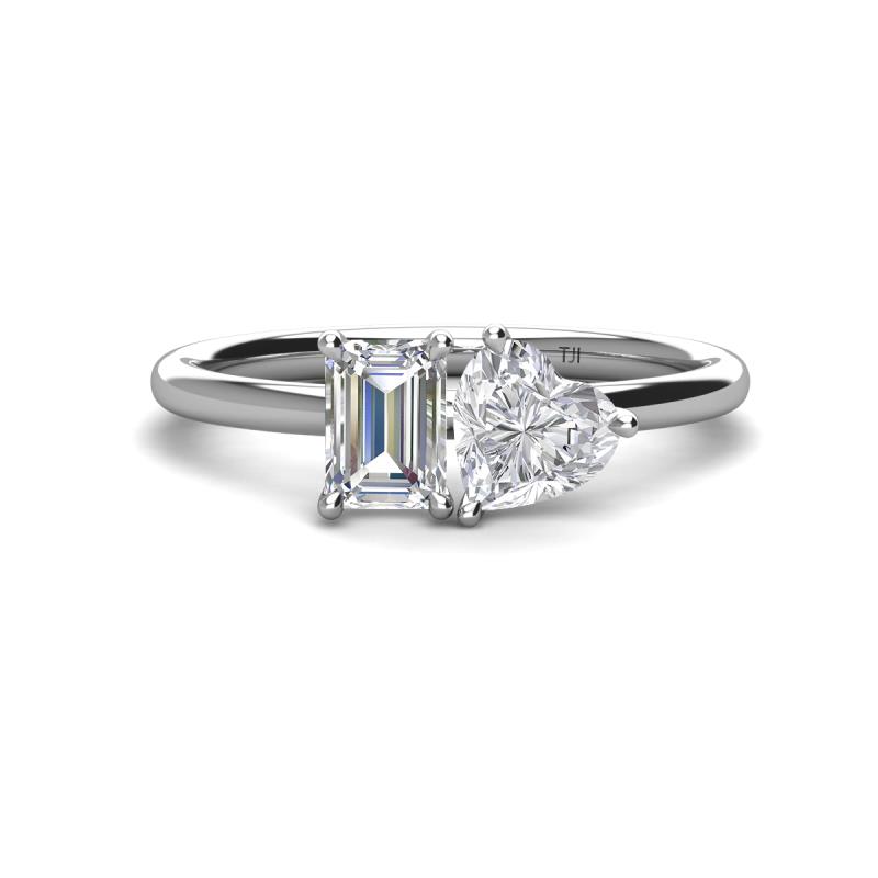Esther IGI Certified Emerald Shape Lab Grown Diamond & Heart Shape Lab Created White Sapphire 2 Stone Duo Ring 