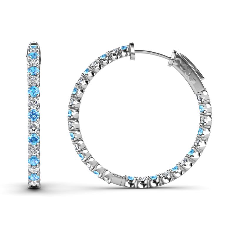Melissa 1.21 ctw (2.00 mm) Inside Outside Round Blue Topaz and Natural Diamond Eternity Hoop Earrings 