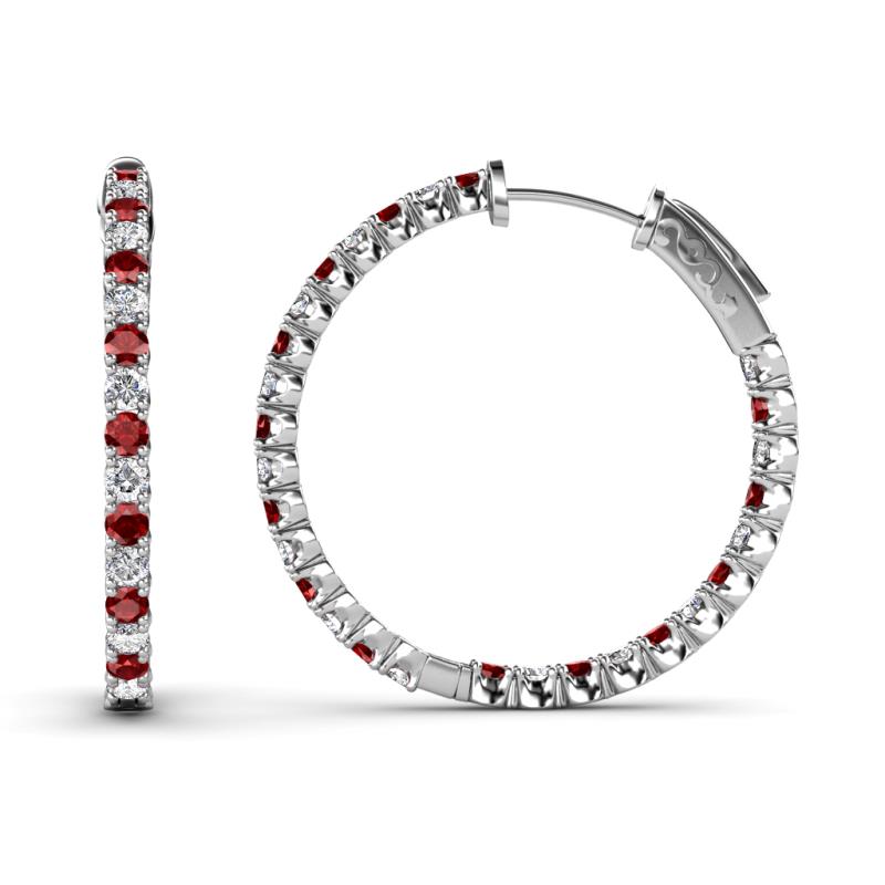 Melissa 1.47 ctw (2.00 mm) Inside Outside Round Red Garnet and Natural Diamond Eternity Hoop Earrings 