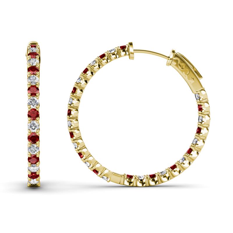 Melissa 1.47 ctw (2.00 mm) Inside Outside Round Red Garnet and Natural Diamond Eternity Hoop Earrings 