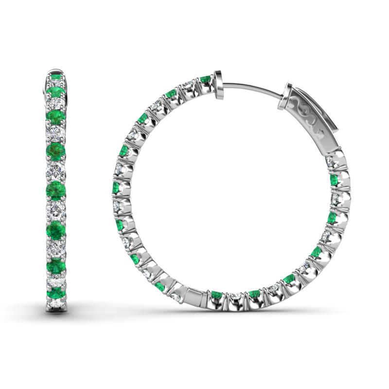 Melissa 1.21 ctw (2.00 mm) Inside Outside Round Emerald and Natural Diamond Eternity Hoop Earrings 