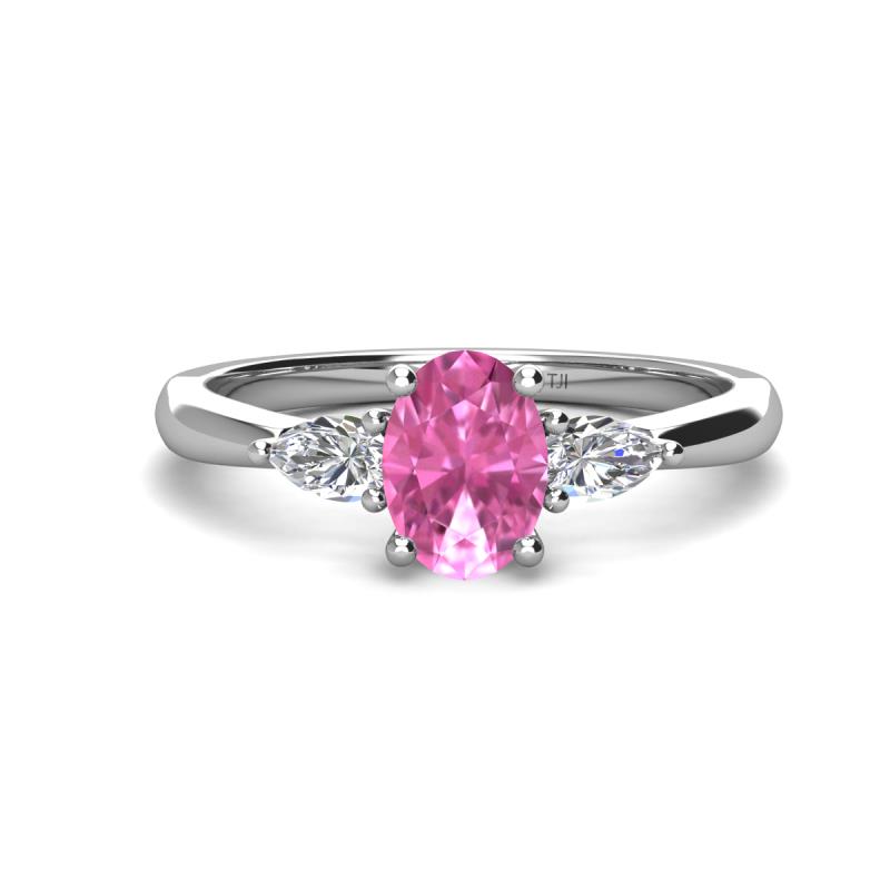 Honora 9x7 mm Oval Shape Lab Created Pink Sapphire and Pear Shape Diamond Three Stone Engagement Ring 
