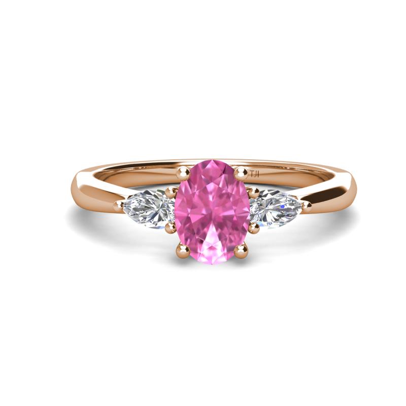 Honora 9x7 mm Oval Shape Lab Created Pink Sapphire and Pear Shape Diamond Three Stone Engagement Ring 
