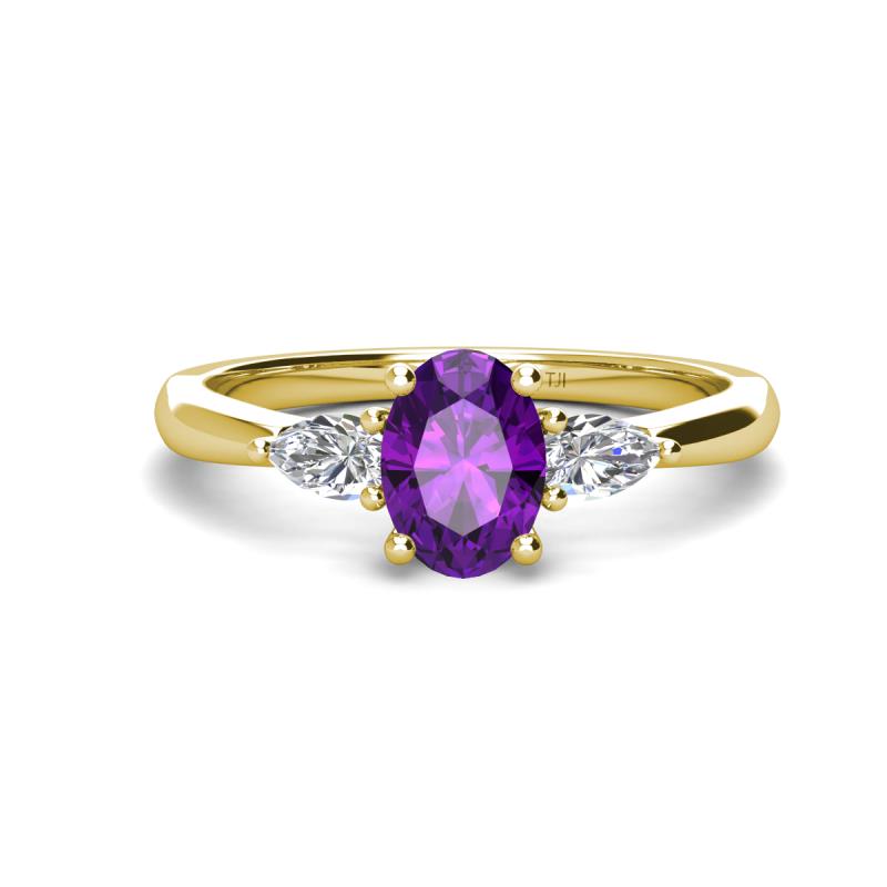 Honora 9x7 mm Oval Shape Amethyst and Pear Shape Diamond Three Stone Engagement Ring 