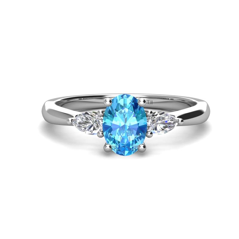 Honora 9x7 mm Oval Shape Blue Topaz and Pear Shape Diamond Three Stone Engagement Ring 