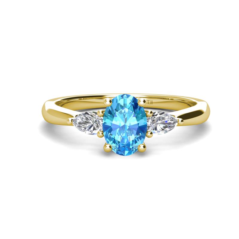 Honora 9x7 mm Oval Shape Blue Topaz and Pear Shape Diamond Three Stone Engagement Ring 