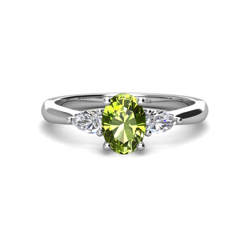 Honora 9x7 mm Oval Shape Peridot and Pear Shape Diamond Three Stone Engagement Ring 