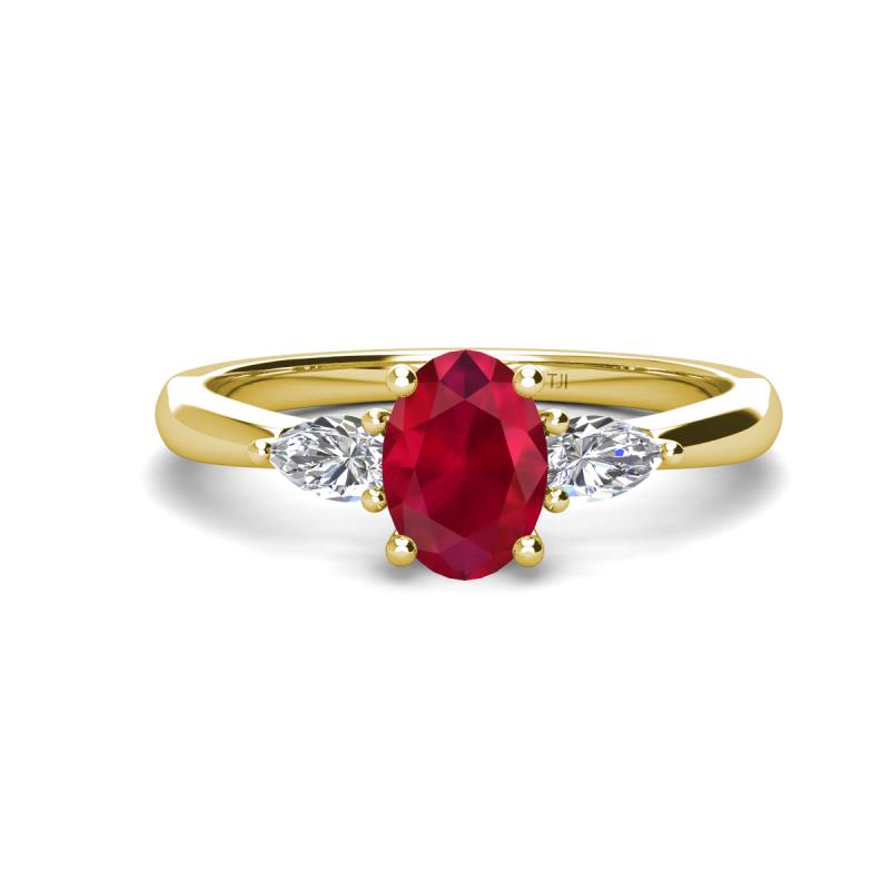 Honora 9x7 mm Oval Shape Lab Created Ruby and Pear Shape Diamond Three Stone Engagement Ring 